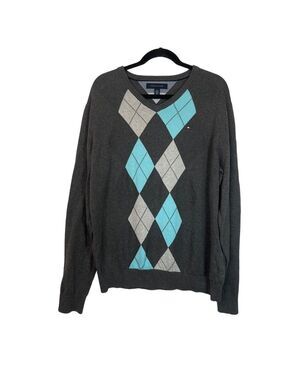 Tommy Hilfiger Grey Turquoise 100% Cotton Argyle Diamond Long Sleeve Swe…